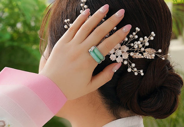 Korean Traditional Jade Ring Hanbok Accessory Item Adjustable Size Silver MR005