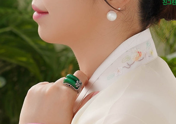 Korean Traditional Jade Ring Hanbok Accessory Item Adjustable Size Silver MR005