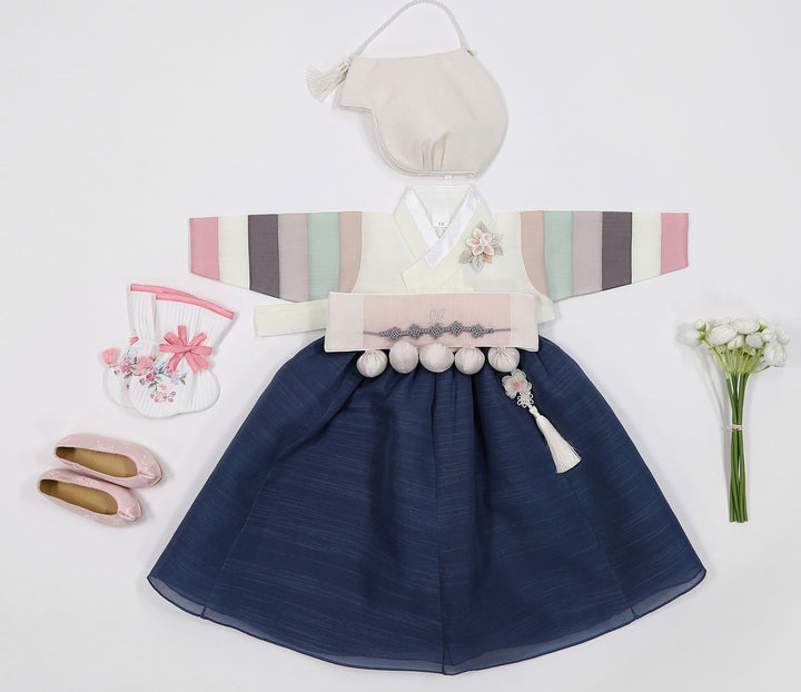 Korean Traditioanl Baby Girl Hanbok Clothing 100th Birth 1 Age Dol Party Celebration Ivory Navy