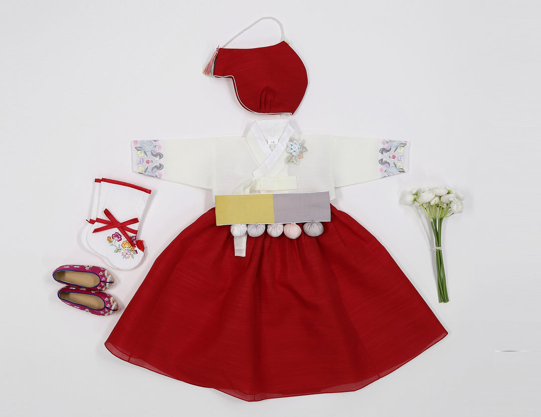 Korean Traditioanl Baby Girl Hanbok Clothing 100th Birth 1 Age Dol Party Celebration Ivory Red