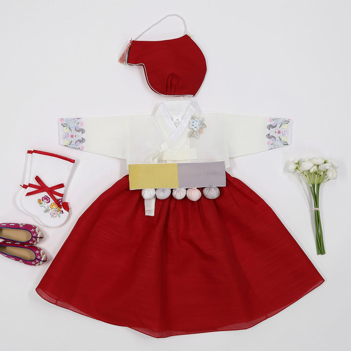 Korean Traditioanl Baby Girl Hanbok Clothing 100th Birth 1 Age Dol Party Celebration Ivory Red