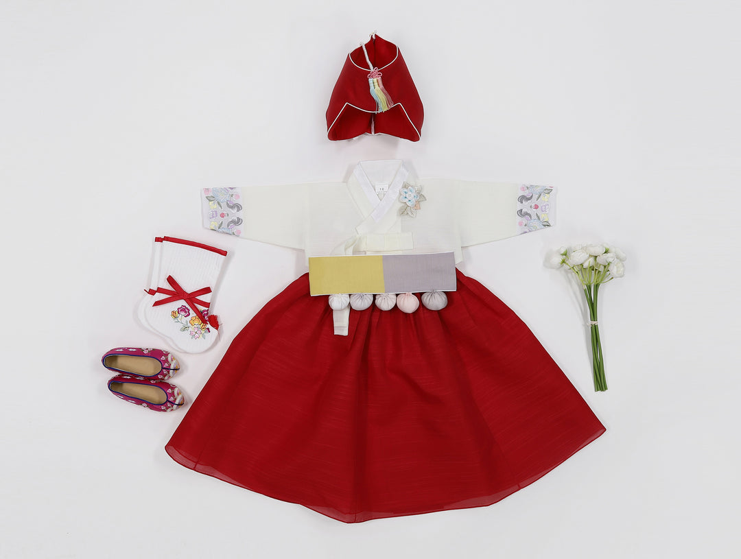 Korean Traditioanl Baby Girl Hanbok Clothing 100th Birth 1 Age Dol Party Celebration Ivory Red