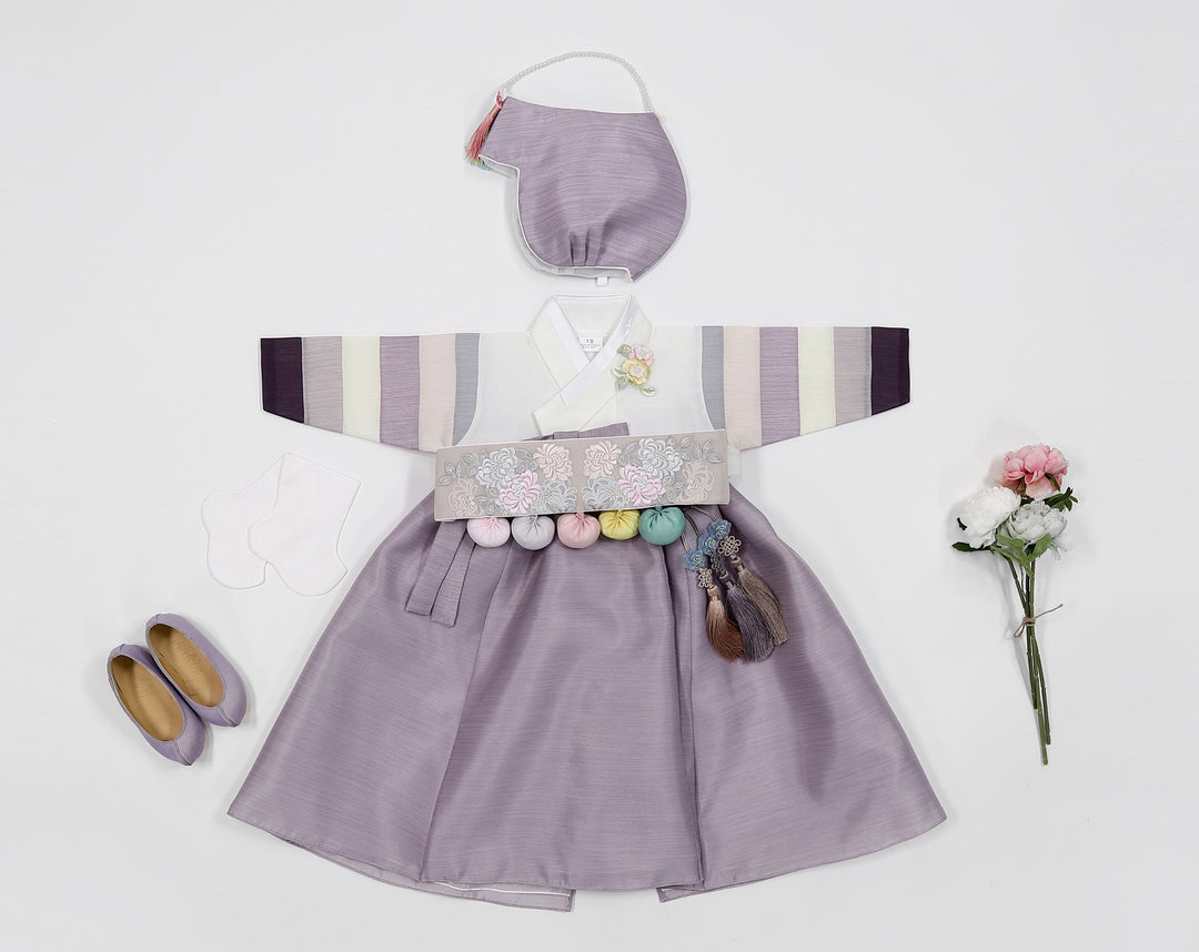 Korean Traditioanl Baby Girl Hanbok Clothing 100th Birth 1 Age Dol Party Celebration Ivory Violet