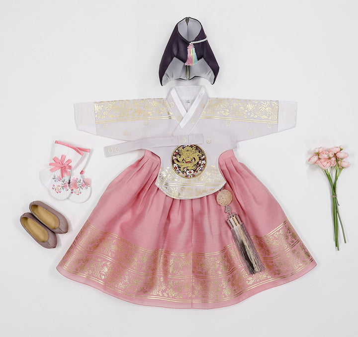 Korean Traditioanl Baby Girl Hanbok Clothing 100th Birth 1 Age Dol Party Celebration Pink Gold Print