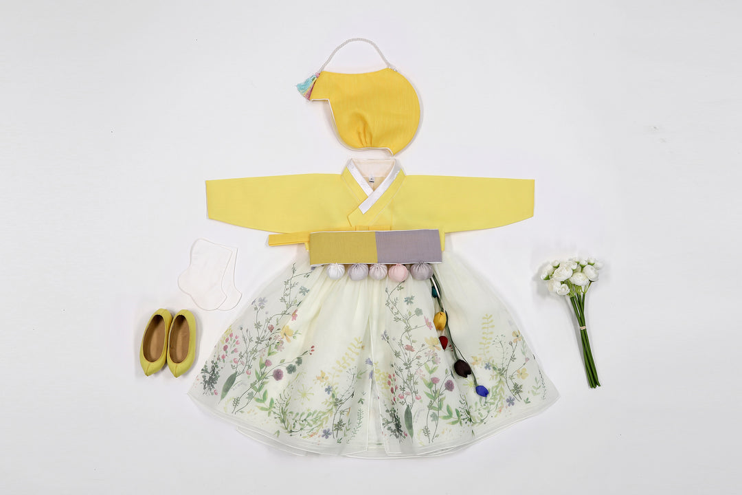 Korean Traditioanl Baby Girl Hanbok Clothing 100th Birth 1 Age Dol Party Celebration Yellow Flower