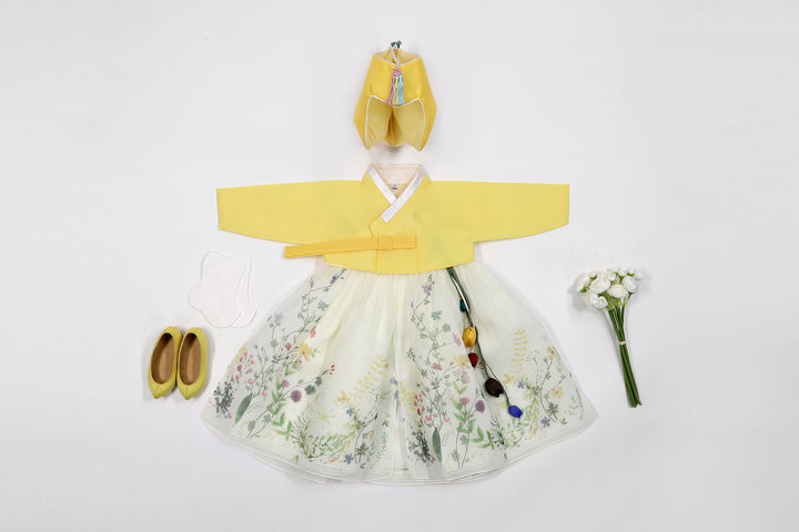 Korean Traditioanl Baby Girl Hanbok Clothing 100th Birth 1 Age Dol Party Celebration Yellow Flower