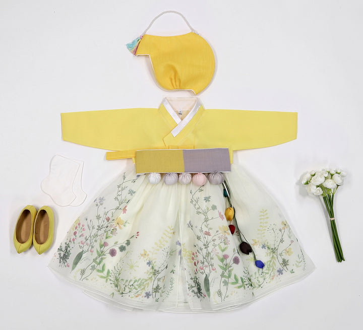 Korean Traditioanl Baby Girl Hanbok Clothing 100th Birth 1 Age Dol Party Celebration Yellow Flower