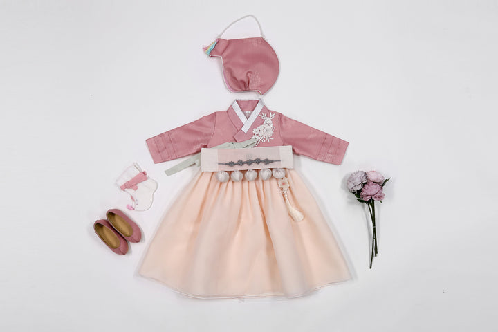 Korean Traditioanl Baby Girl Hanbok Clothing 100th Birth 1 Age Dol Party Celebration Pink Flower Patch