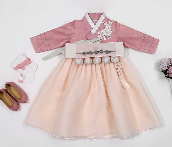 Korean Traditioanl Baby Girl Hanbok Clothing 100th Birth 1 Age Dol Party Celebration Pink Flower Patch