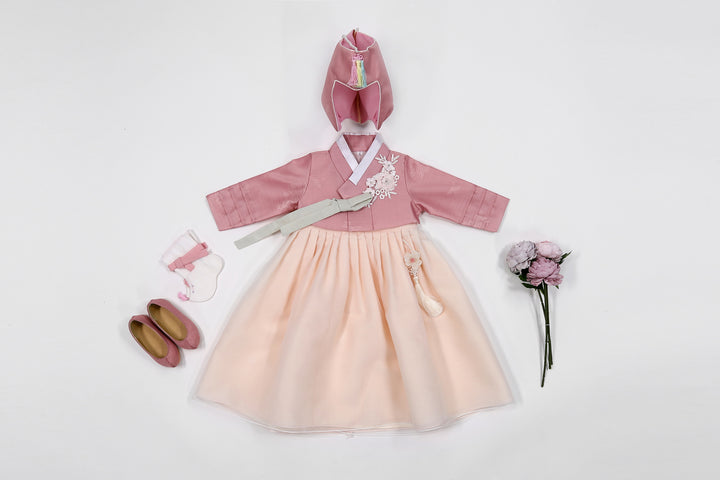 Korean Traditioanl Baby Girl Hanbok Clothing 100th Birth 1 Age Dol Party Celebration Pink Flower Patch