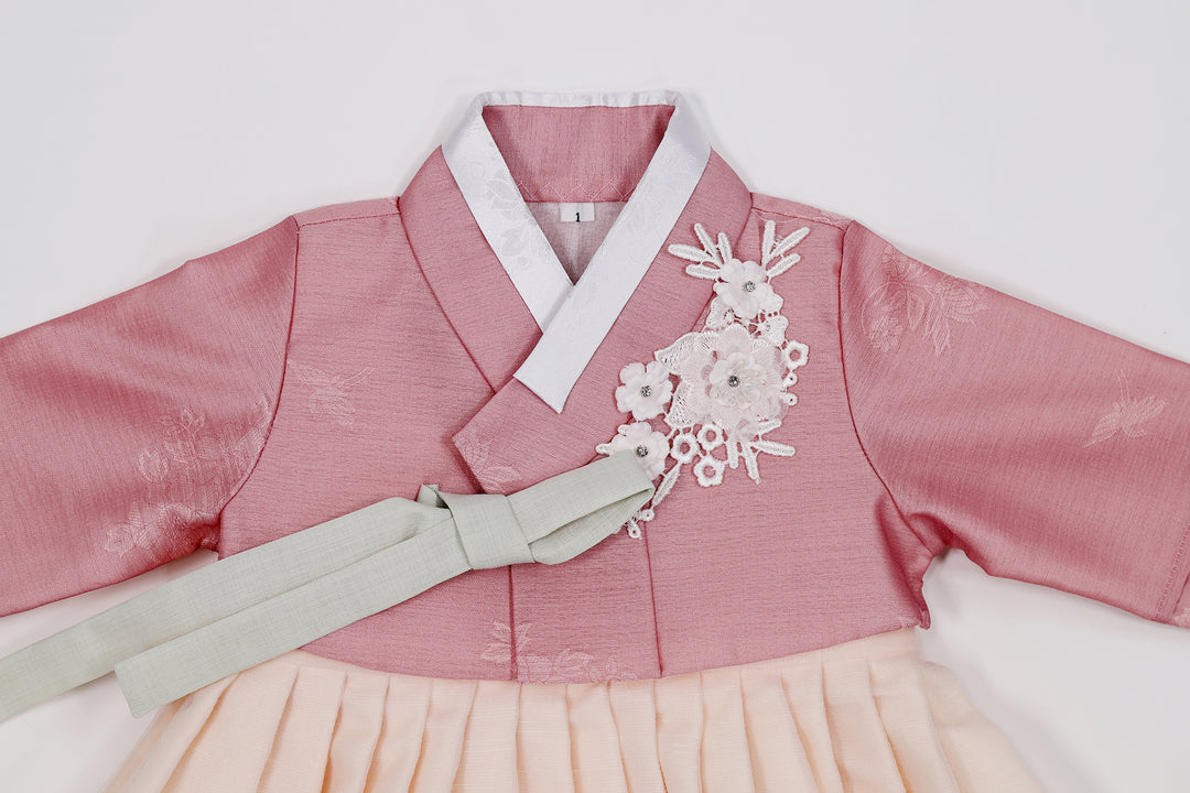 Korean Traditioanl Baby Girl Hanbok Clothing 100th Birth 1 Age Dol Party Celebration Pink Flower Patch