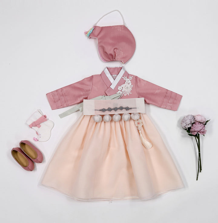 Korean Traditioanl Baby Girl Hanbok Clothing 100th Birth 1 Age Dol Party Celebration Pink Flower Patch