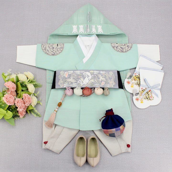 Korean Traditional Boy Baby Hanbok Dol Baikil Party Celebration 100th-10 Years&nbsp; Bright Mint DDB103