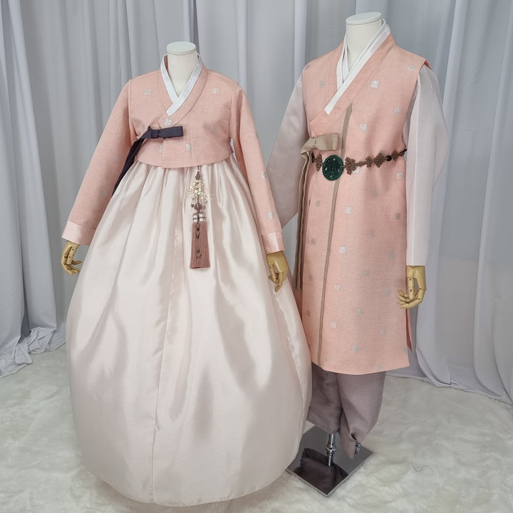 Korean Traditional Woman Man Couple Family Set Personal Custom Hanbok Wedding Party Ceremony Peach Silver Print Hanbok OSF141