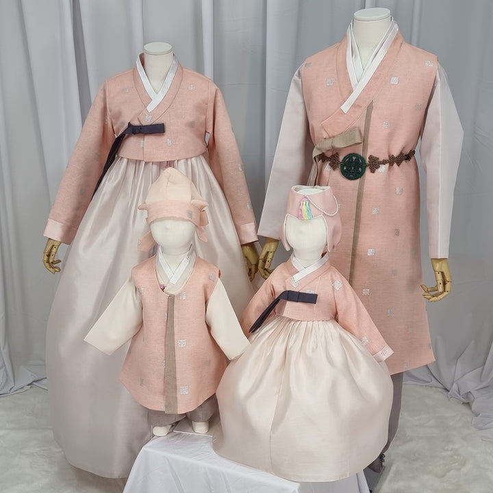 Korean Traditional Woman Man Couple Family Set Personal Custom Hanbok Wedding Party Ceremony Peach Silver Print Hanbok OSF141