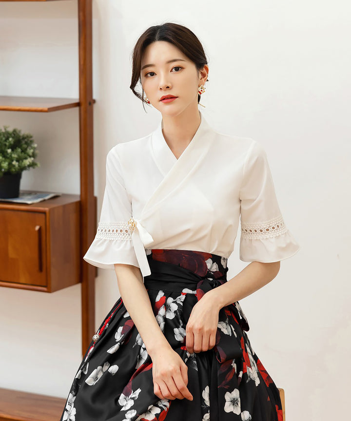 Korean Modern Hanbok Ivory Top Blouse Fancy Casual Daily Clothing Fusion Hanbok Party CHD323