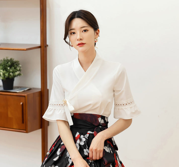 Korean Modern Hanbok Ivory Top Blouse Fancy Casual Daily Clothing Fusion Hanbok Party CHD323