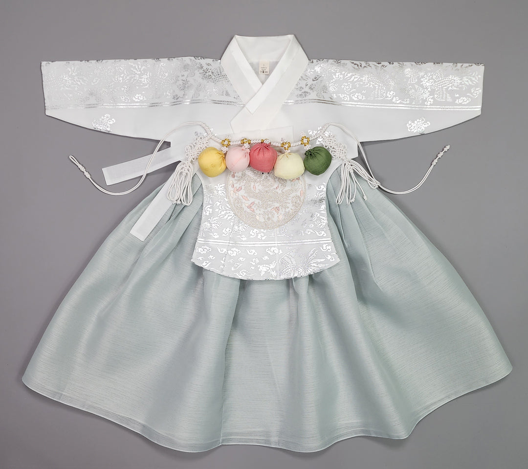 Hanbok Girl Baby Korea Traditional Clothing Set First Birthday Celebration Party Celebration 1–15 years White Mint Silver Print OSG327