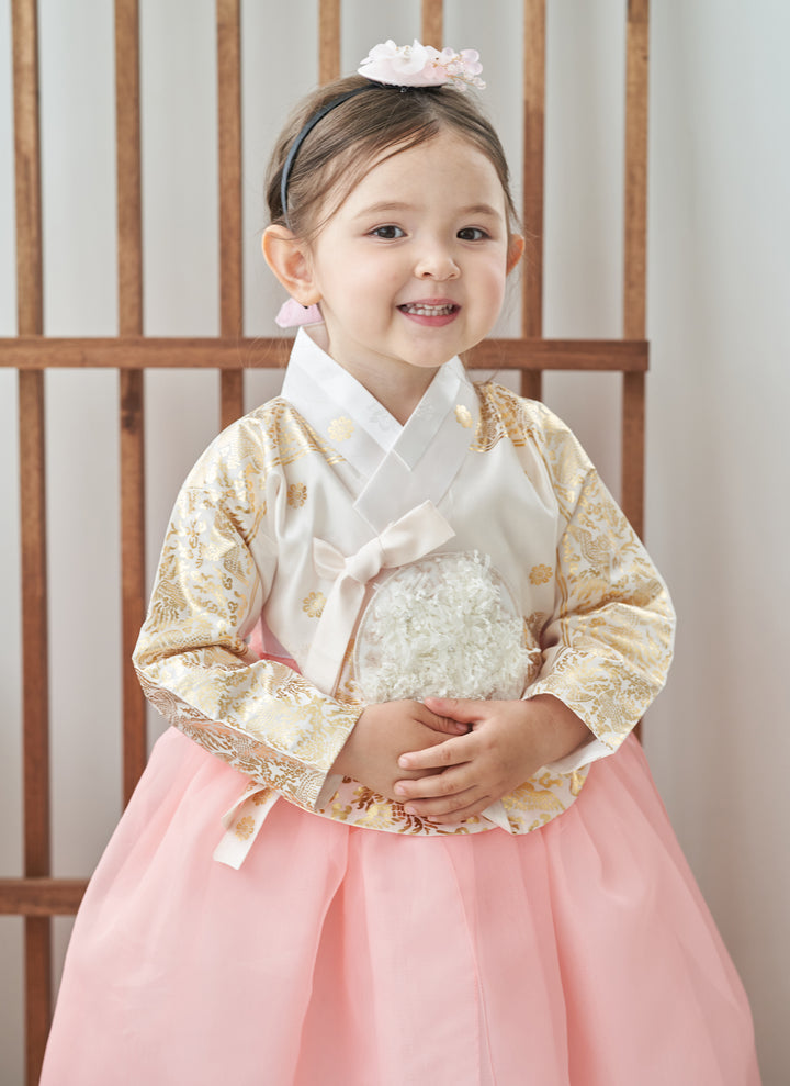 Hanbok Dress Girl Baby Korea Traditional Clothing Set First Birthday Celebration Party Celebration 1–8 Years Ivory Pink Fancy Gold Print OS106