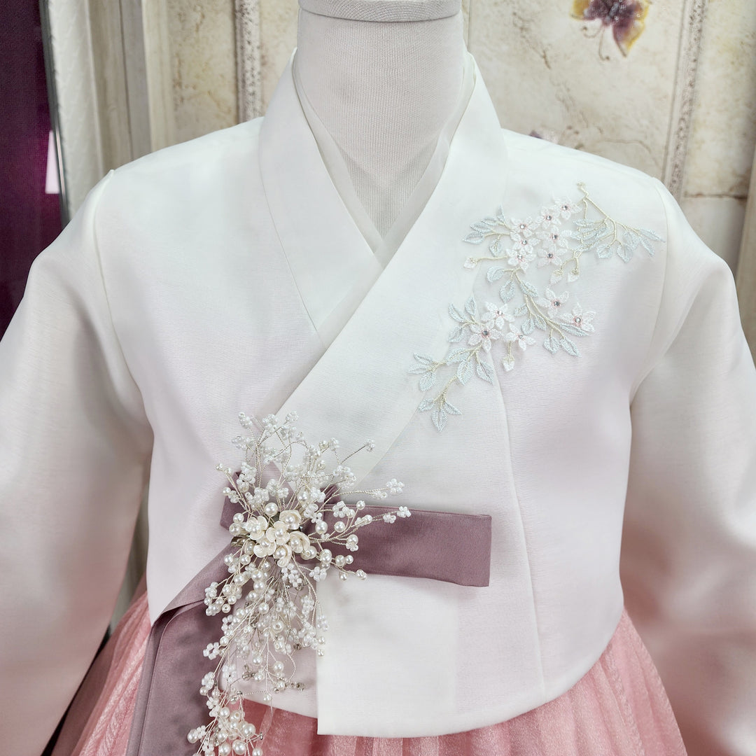 Korean Traditional Woman Personal Custom Hanbok Wedding Party Ceremony Ivory Peach Skirt Hanbok 145