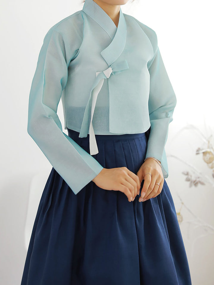 Korean Modern Daily Hanbok Casual Modernized Party Celebration Dress Top Jeogori Skirt Blue Navy SSN004