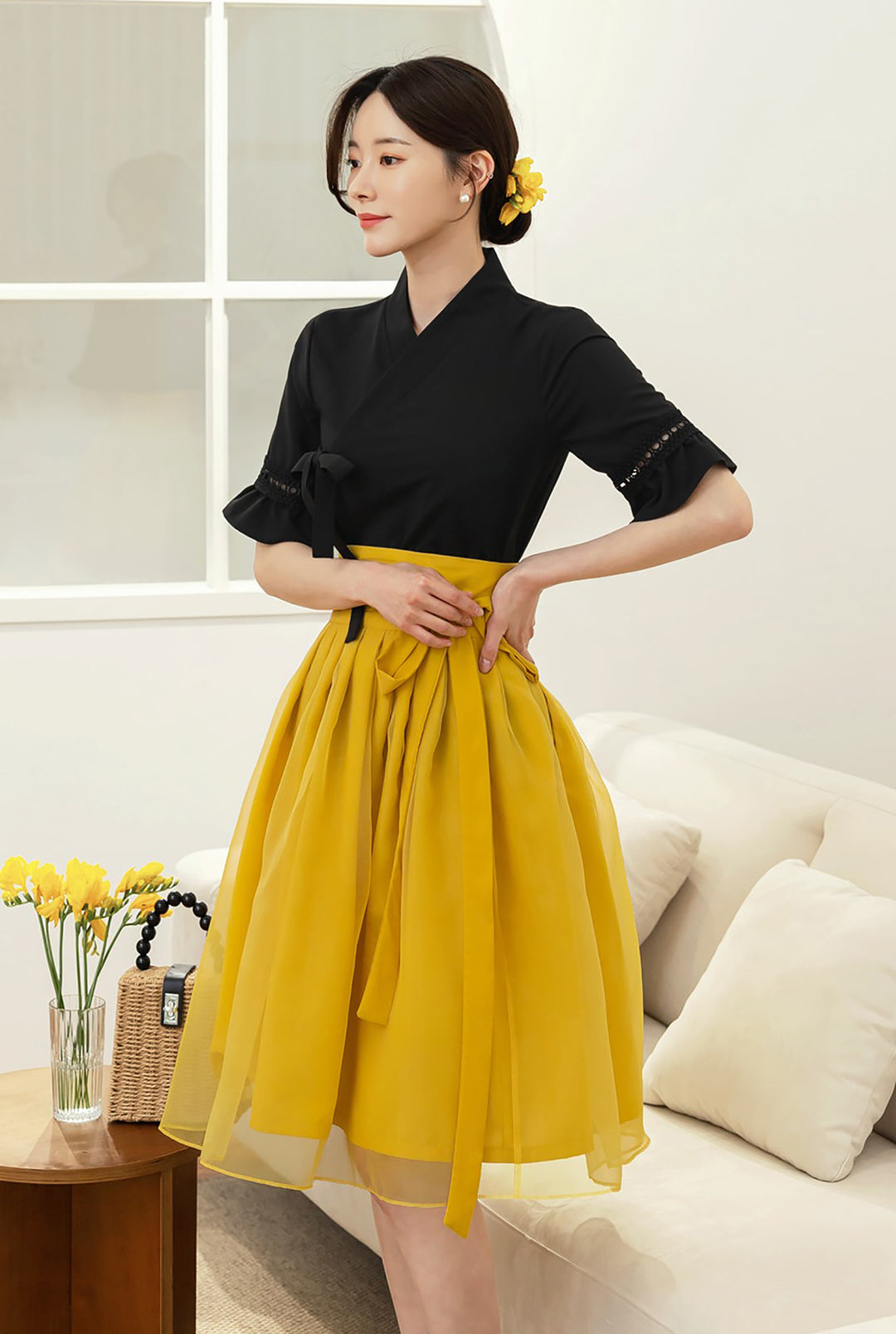 Korean Modern Hanbok Black Top Blouse Fancy Casual Daily Clothing Fusion Hanbok Party CHD324