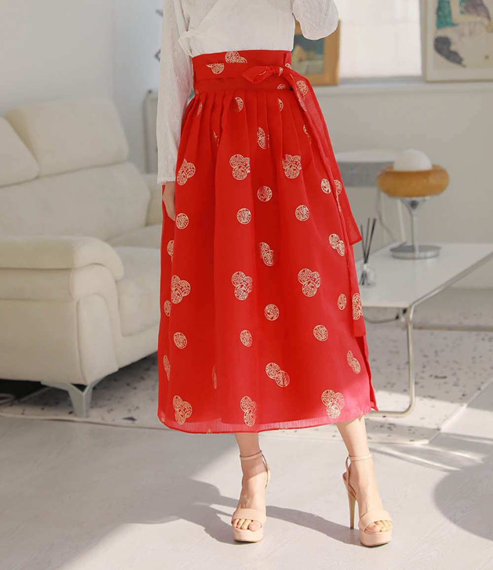 Korean Modern Daily Hanbok Skirt Bright Red Gold Print Casual Modernized Party Celebration SSN011