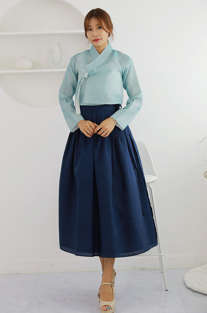 Korean Modern Daily Hanbok Casual Modernized Party Celebration Dress Top Jeogori Skirt Blue Navy SSN004