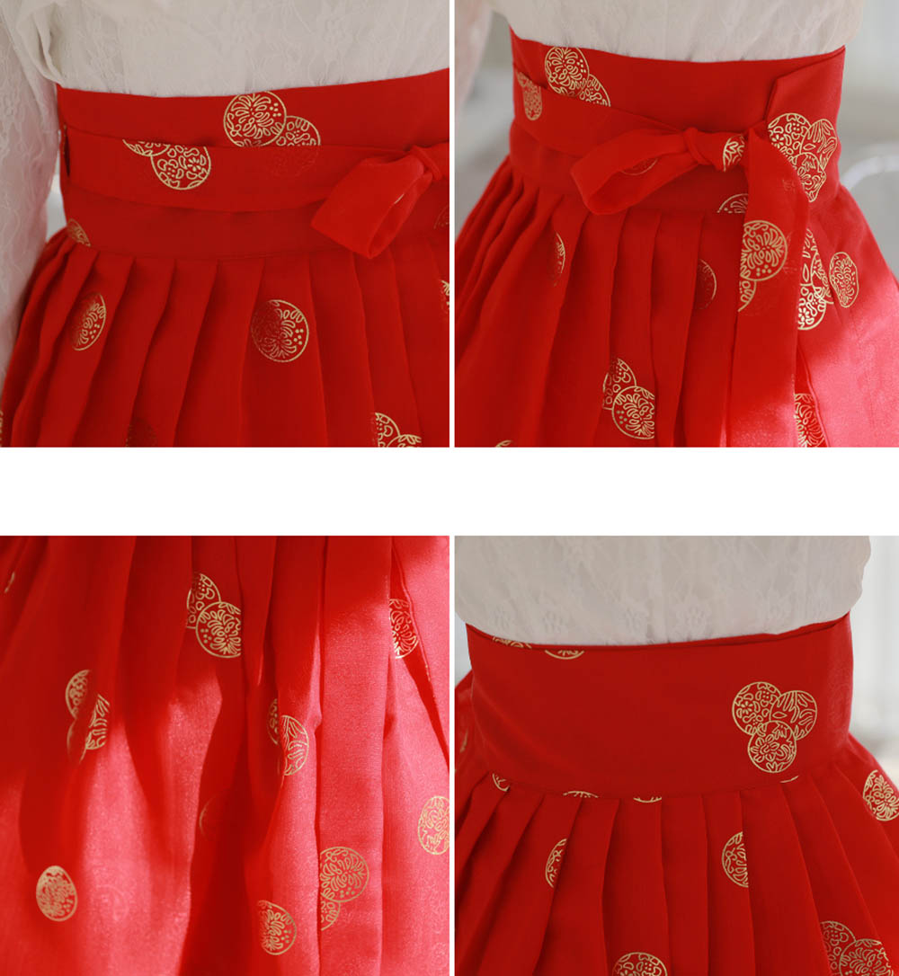 Korean Modern Daily Hanbok Skirt Bright Red Gold Print Casual Modernized Party Celebration SSN011