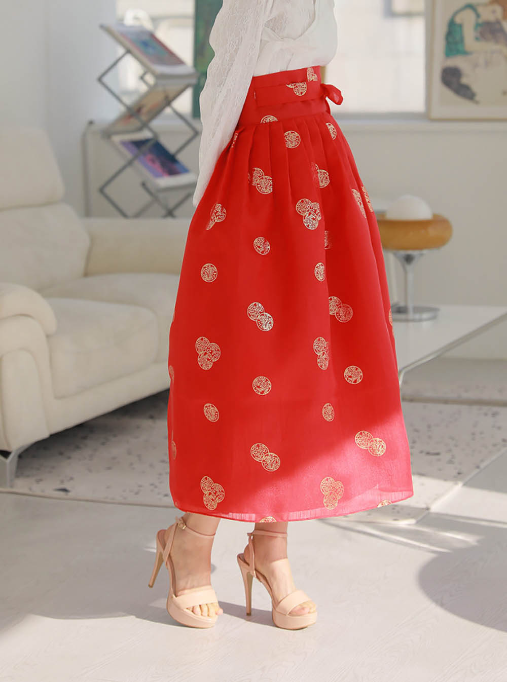 Korean Modern Daily Hanbok Skirt Bright Red Gold Print Casual Modernized Party Celebration SSN011