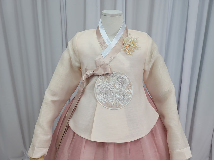 Korean Traditional Fancy Woman Personal Custom Hanbok Wedding Party Ceremony Mom Daughter Couple Look Beige Dark Pink Hanbok OSF135