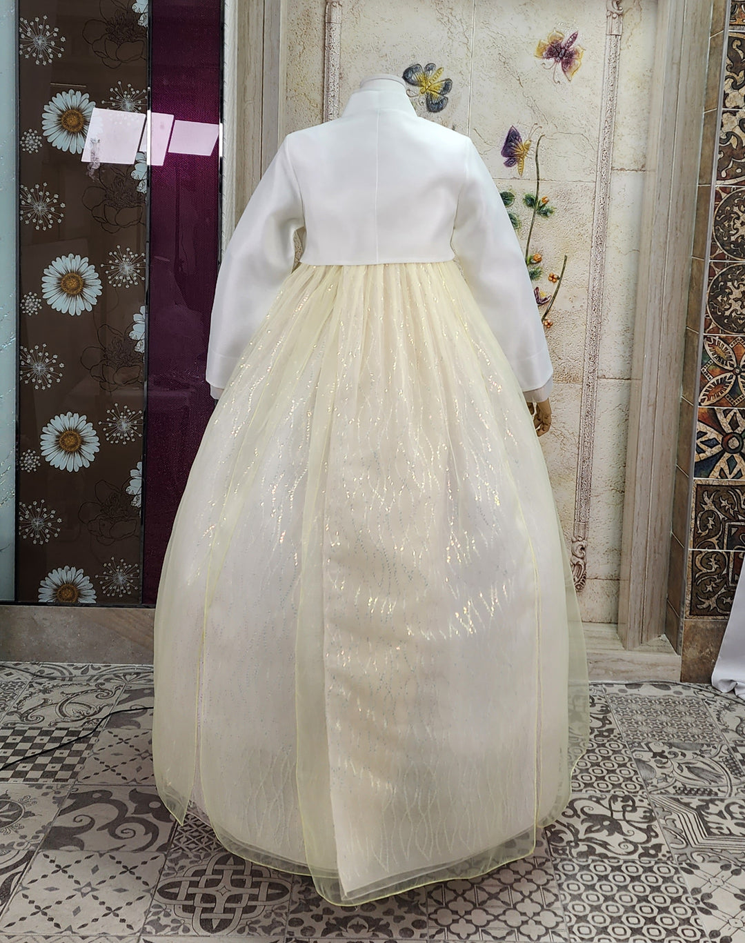 Korean Traditional Woman Personal Custom Hanbok Wedding Party Ceremony Ivory Yellow Beads Skirt Hanbok 317