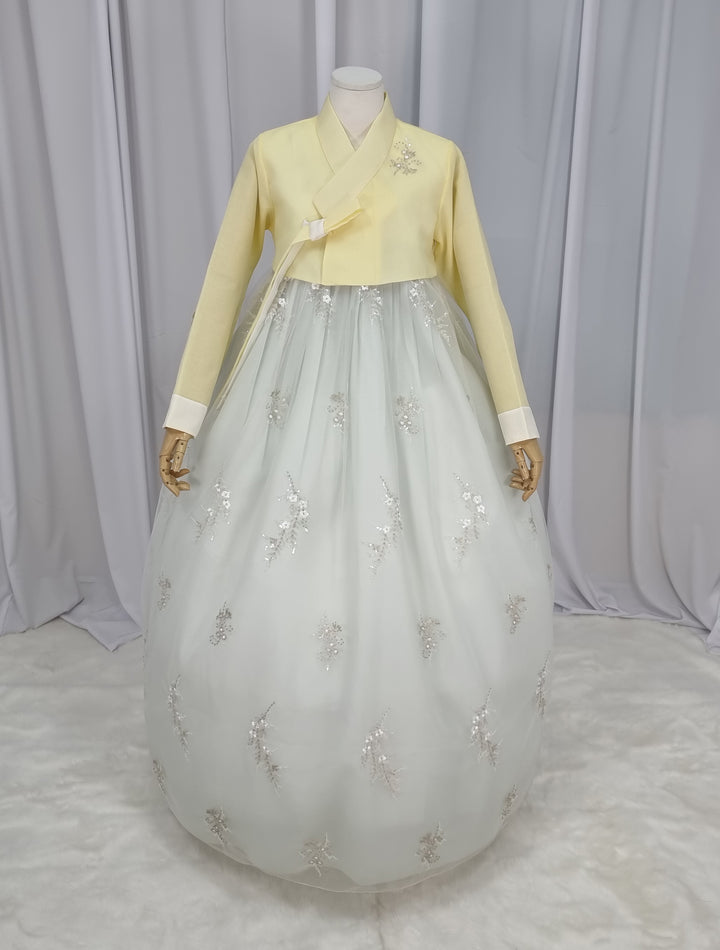 Woman Hanbok Dress Korea Traditional clothes Set Wedding Ceremony Birthday Custom-Made Yellow Beads OSW554