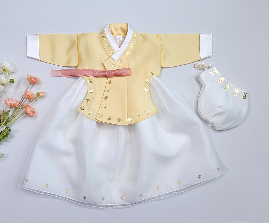 Korea Traditional Hanbok Girl Baby Yellow Gold Print Baikil 1–10 Years 1st Birthday Party GOG205