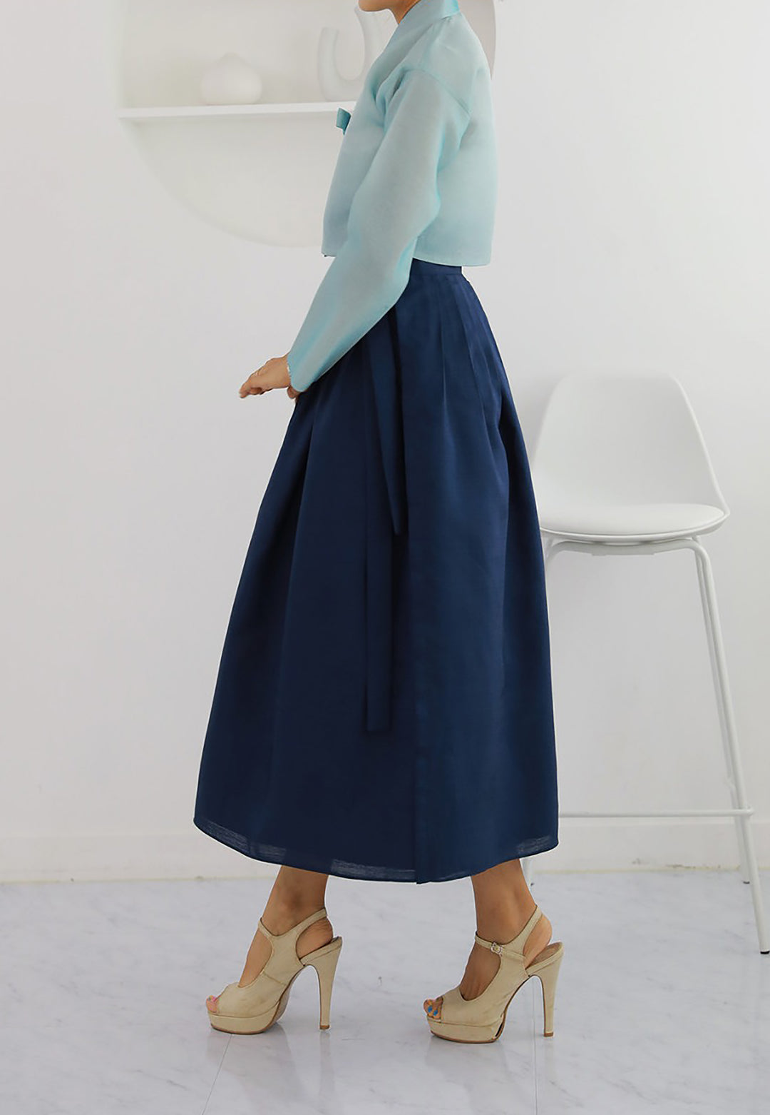 Korean Modern Daily Hanbok Casual Modernized Party Celebration Dress Top Jeogori Skirt Blue Navy SSN004