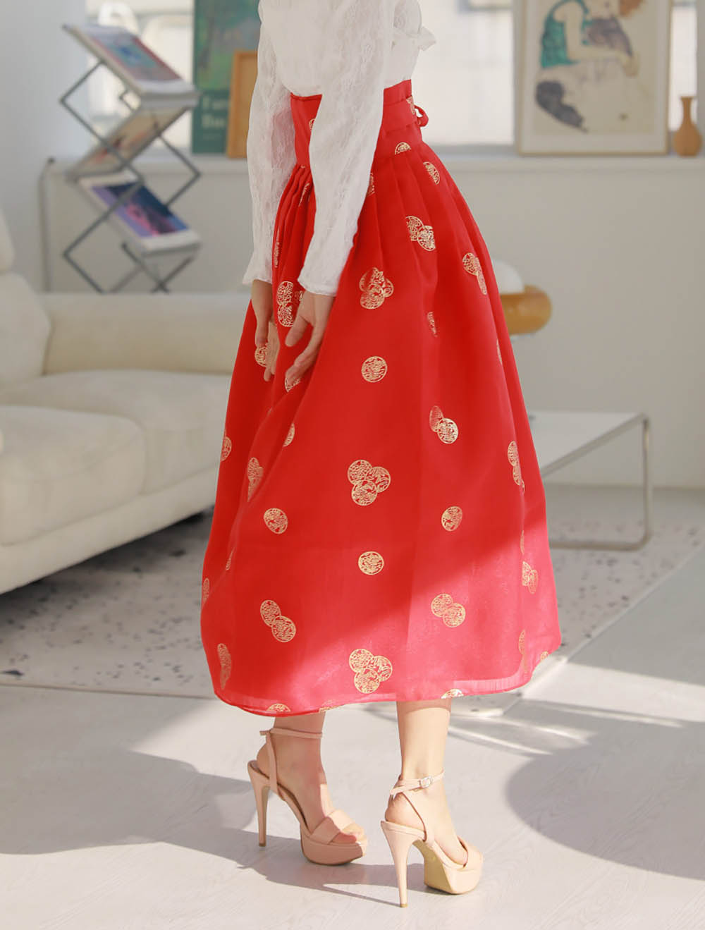 Korean Modern Daily Hanbok Skirt Bright Red Gold Print Casual Modernized Party Celebration SSN011