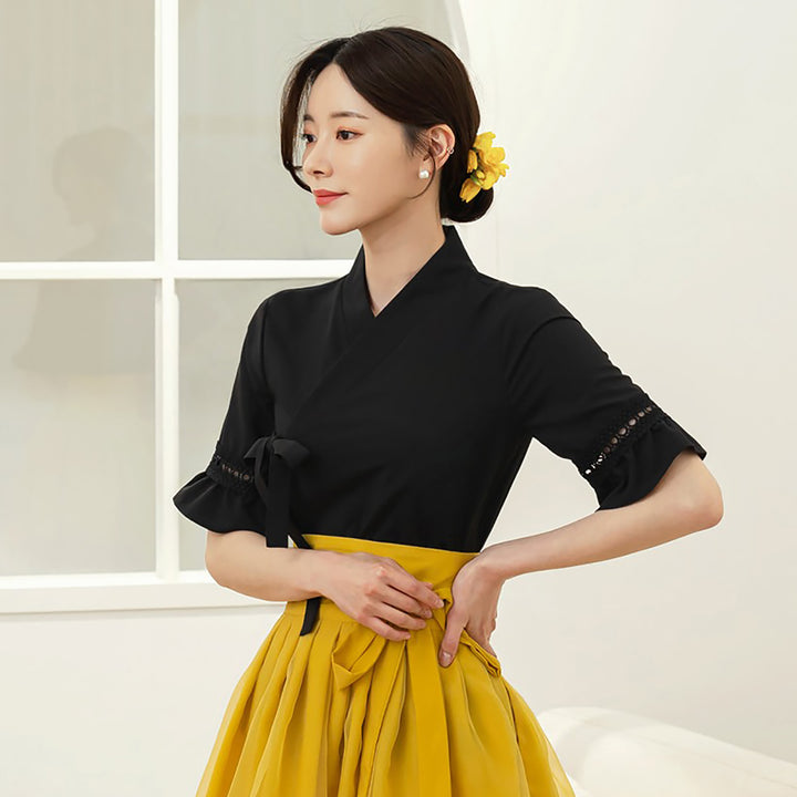 Korean Modern Hanbok Black Top Blouse Fancy Casual Daily Clothing Fusion Hanbok Party CHD324