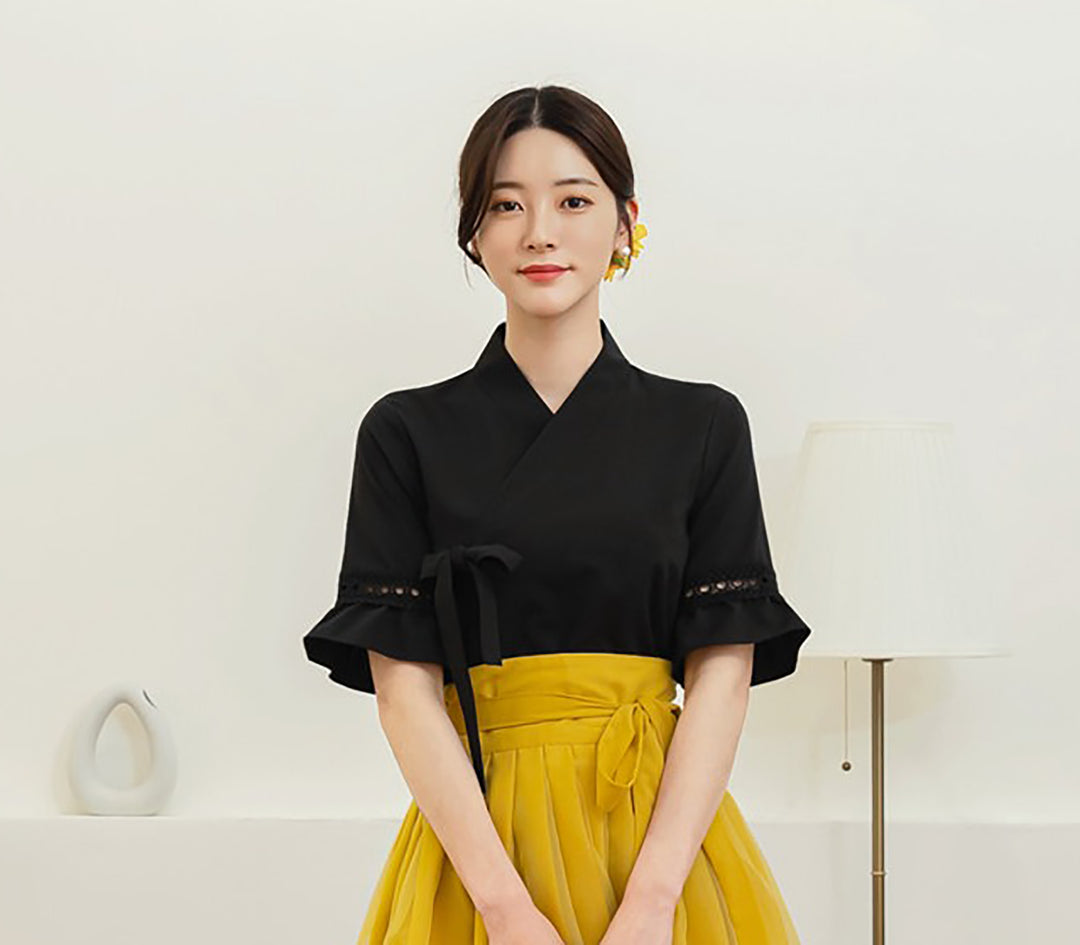 Korean Modern Hanbok Black Top Blouse Fancy Casual Daily Clothing Fusion Hanbok Party CHD324