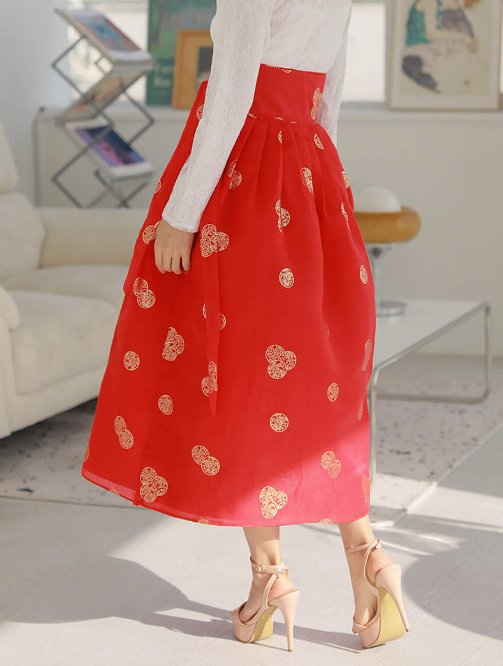 Korean Modern Daily Hanbok Skirt Bright Red Gold Print Casual Modernized Party Celebration SSN011