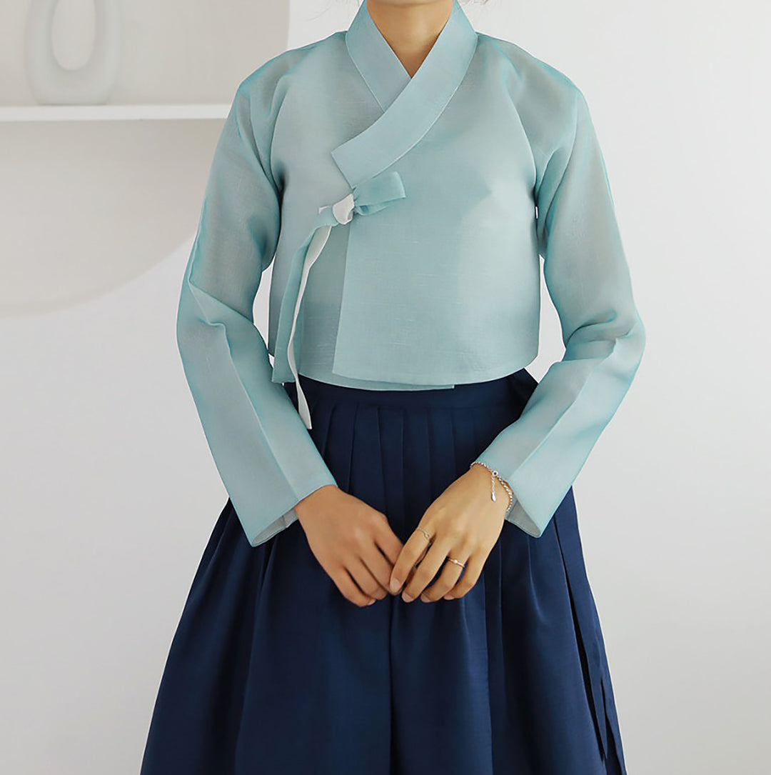 Korean Modern Daily Hanbok Casual Modernized Party Celebration Dress Top Jeogori Skirt Blue Navy SSN004