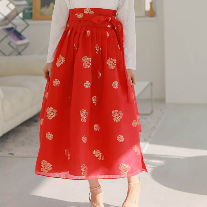 Korean Modern Daily Hanbok Skirt Bright Red Gold Print Casual Modernized Party Celebration SSN011