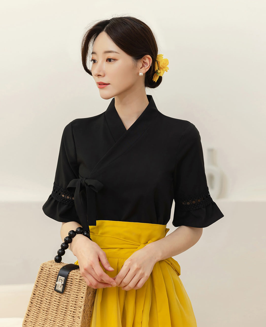 Korean Modern Hanbok Black Top Blouse Fancy Casual Daily Clothing Fusion Hanbok Party CHD324