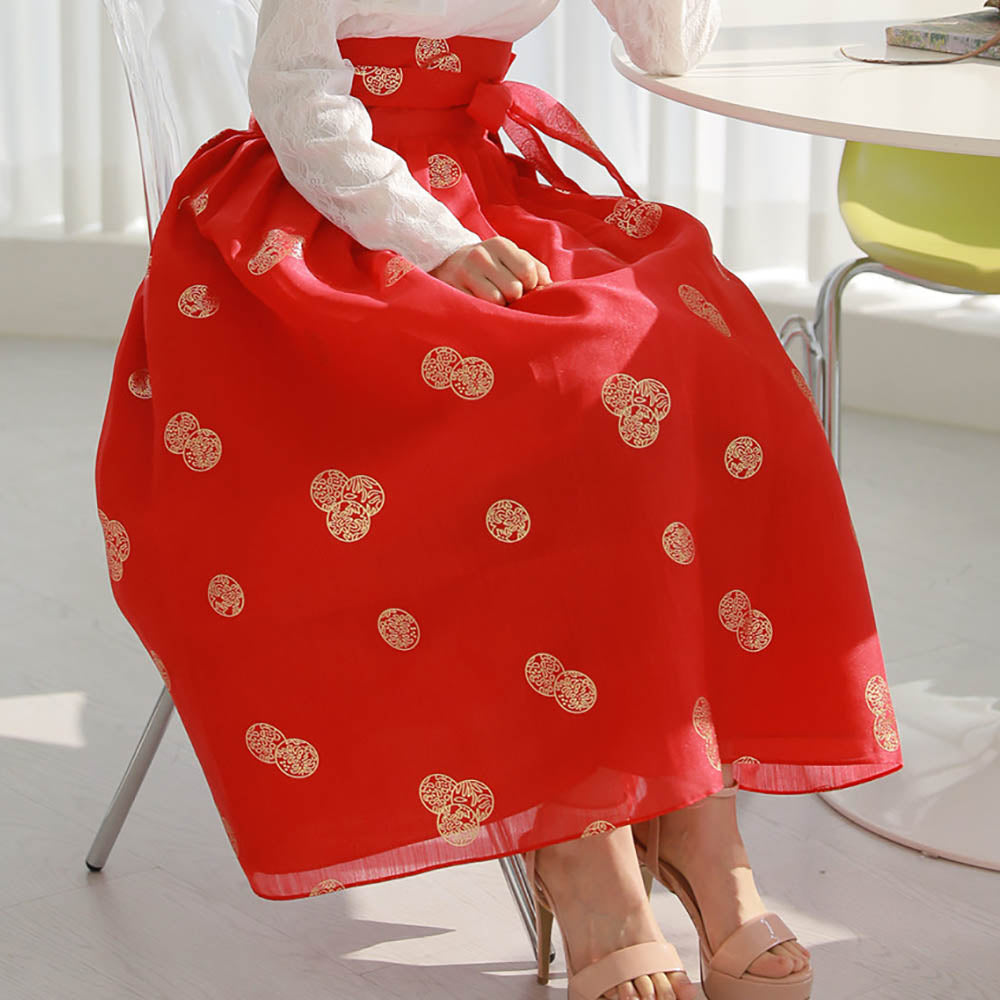 Korean Modern Daily Hanbok Skirt Bright Red Gold Print Casual Modernized Party Celebration SSN011