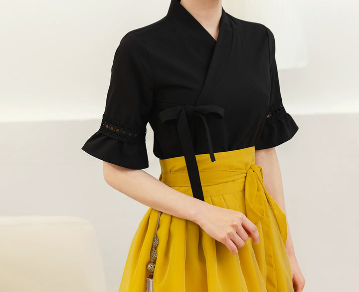 Korean Modern Hanbok Black Top Blouse Fancy Casual Daily Clothing Fusion Hanbok Party CHD324