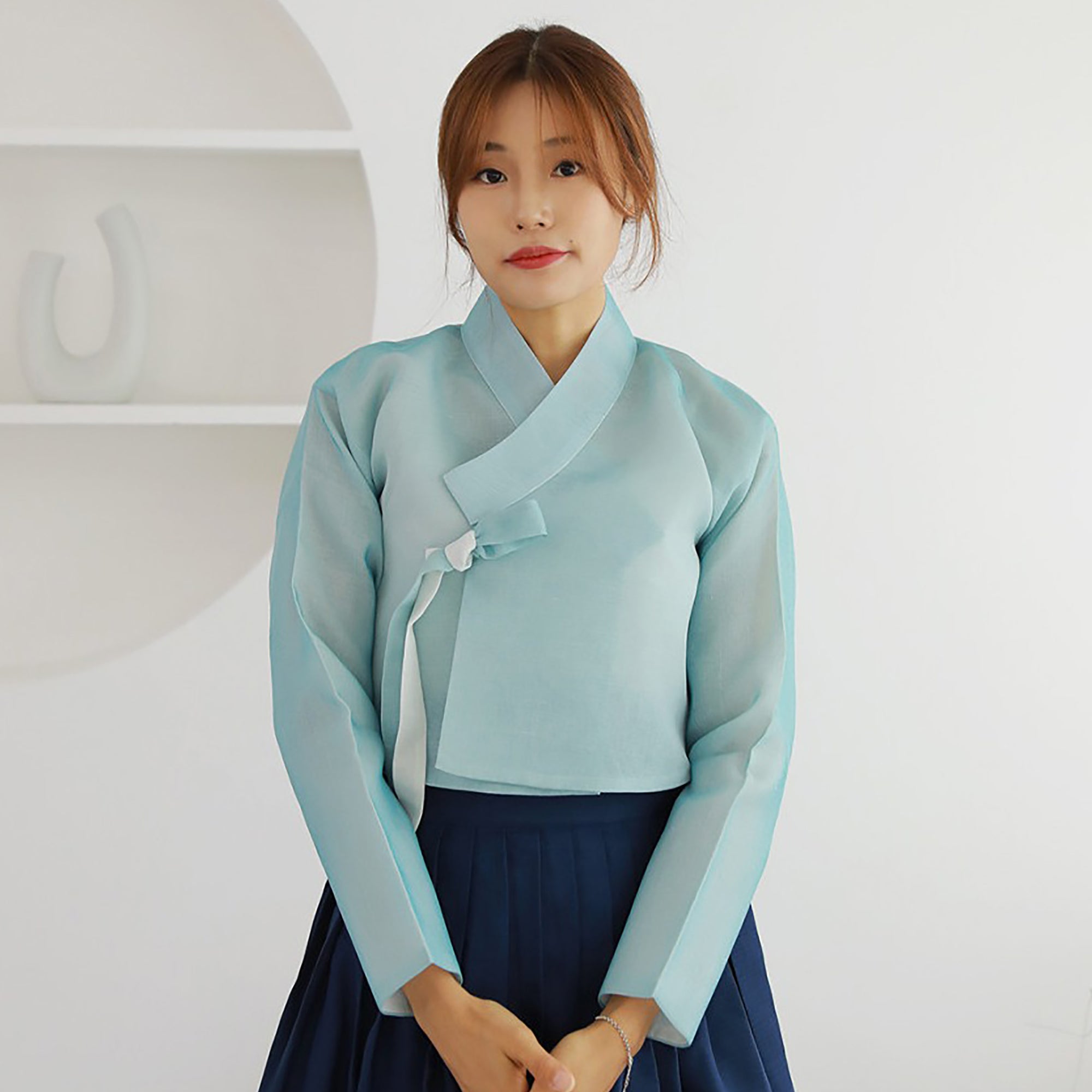 Modern Hanbok Jeogori Skirt | Handmade Korea Daily Hanbok | J.10_2 White Blue Watercolor Jeogori Blouse | Green Mini Skirt 2024