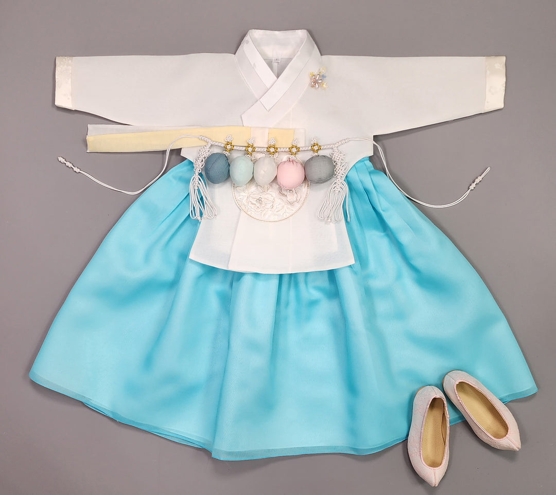 Hanbok Girl Baby Korea Traditional Clothing Set First Birthday Celebration Party Celebration 1–12 years Bright Blue OSG325