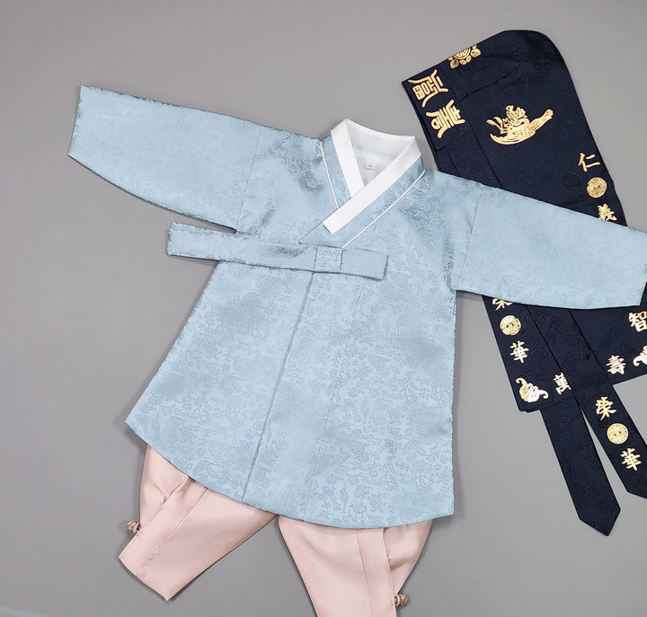 Korean Traditional Boy Baby Hanbok Dol Baikil Party Celebration 100 Days-8 Ages Oriental Silk Sky Blue OSB162