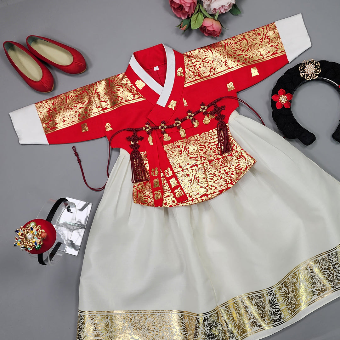 Korea Traditional Hanbok Girl Baby Red Gold Print Baikil 1–10 Years 1st Birthday Party GOG105