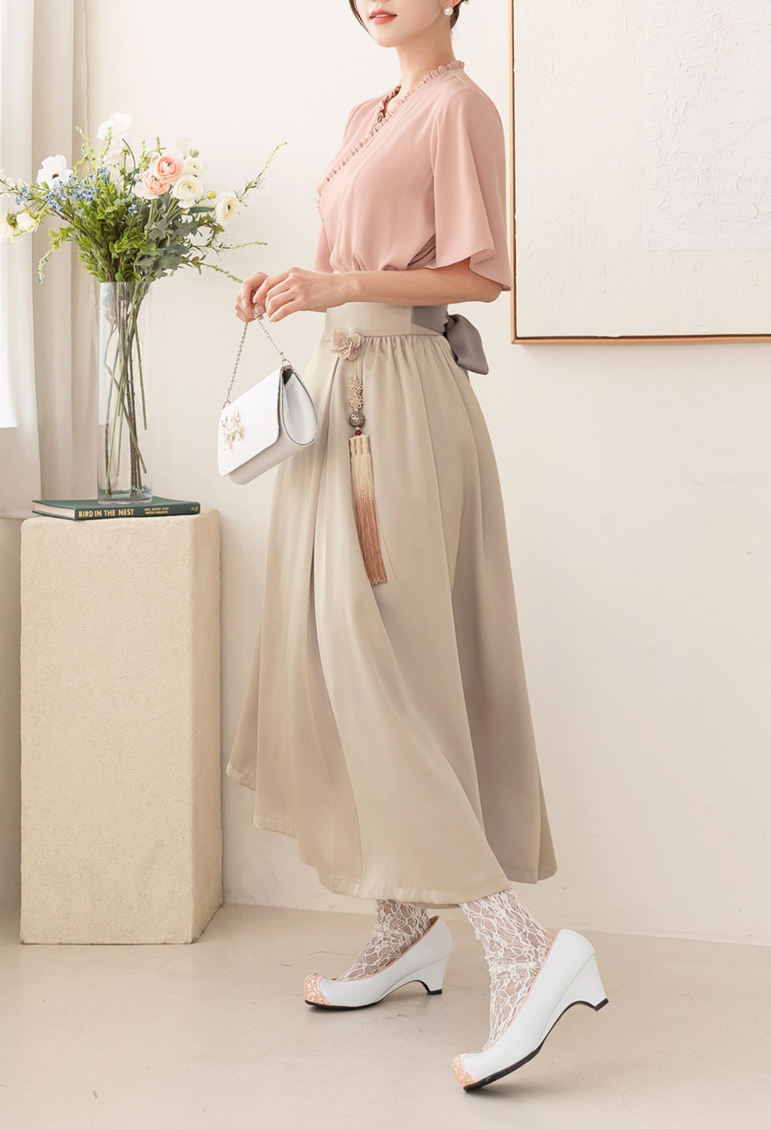 Korean Modern Hanbok Pink Blouse Top Jeogori Beige Skirt Fancy Casual Daily Clothing Fusion Hanbok CHD311