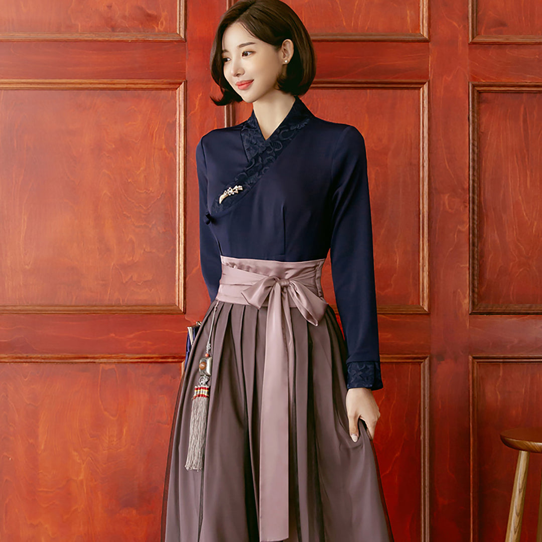 Korean Modern Hanbok Navy Dress Skirt Fancy Casual Daily Clothing Wrapped Design Fusion Hanbok CHD117